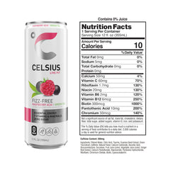 Close-up of CELSIUS Raspberry Acai Green Tea label highlighting the sugar-free formula.