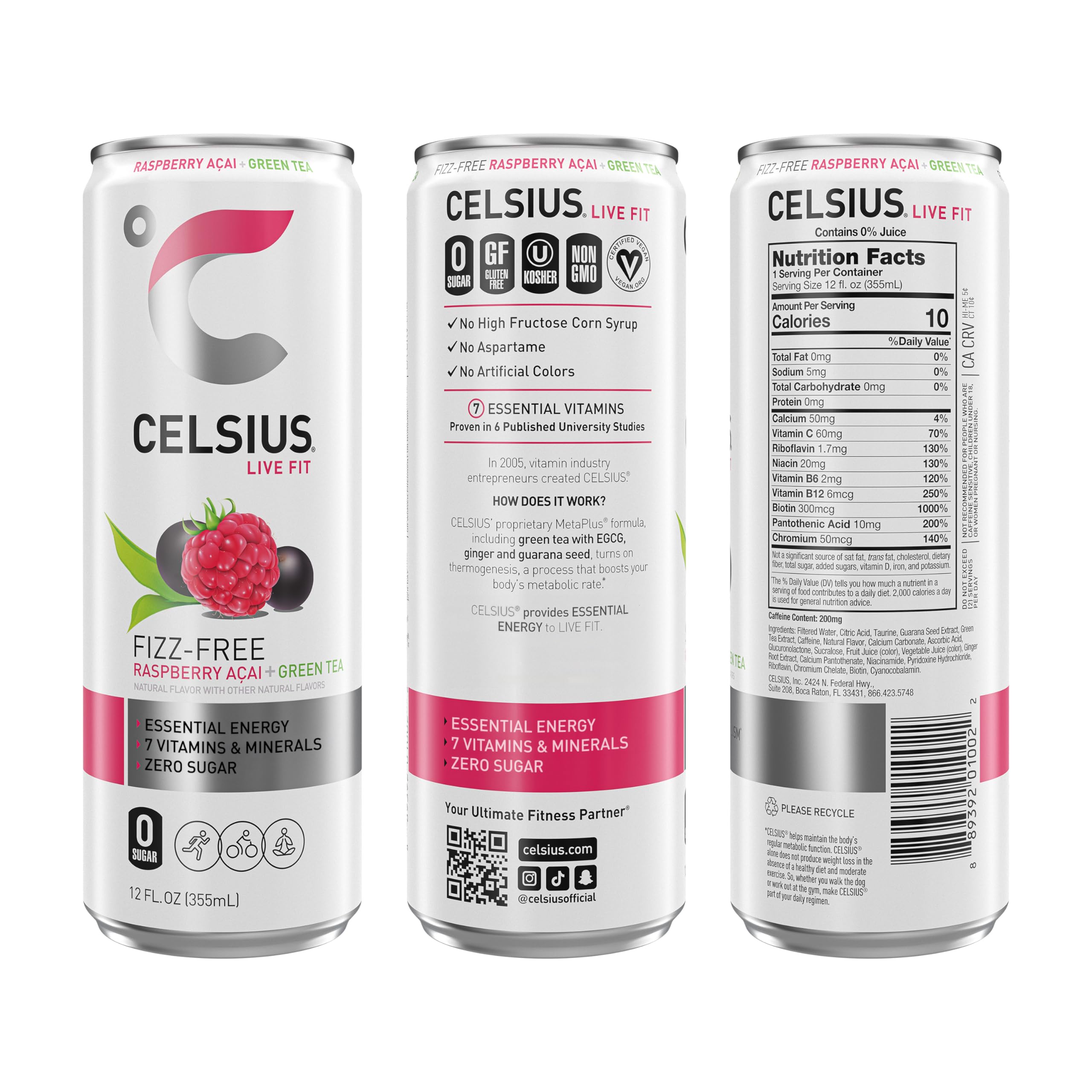 CELSIUS Raspberry Acai Green Tea poured over ice showing refreshing flavor.