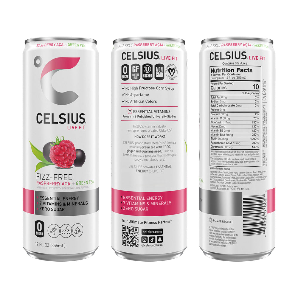 CELSIUS Raspberry Acai Green Tea poured over ice showing refreshing flavor.