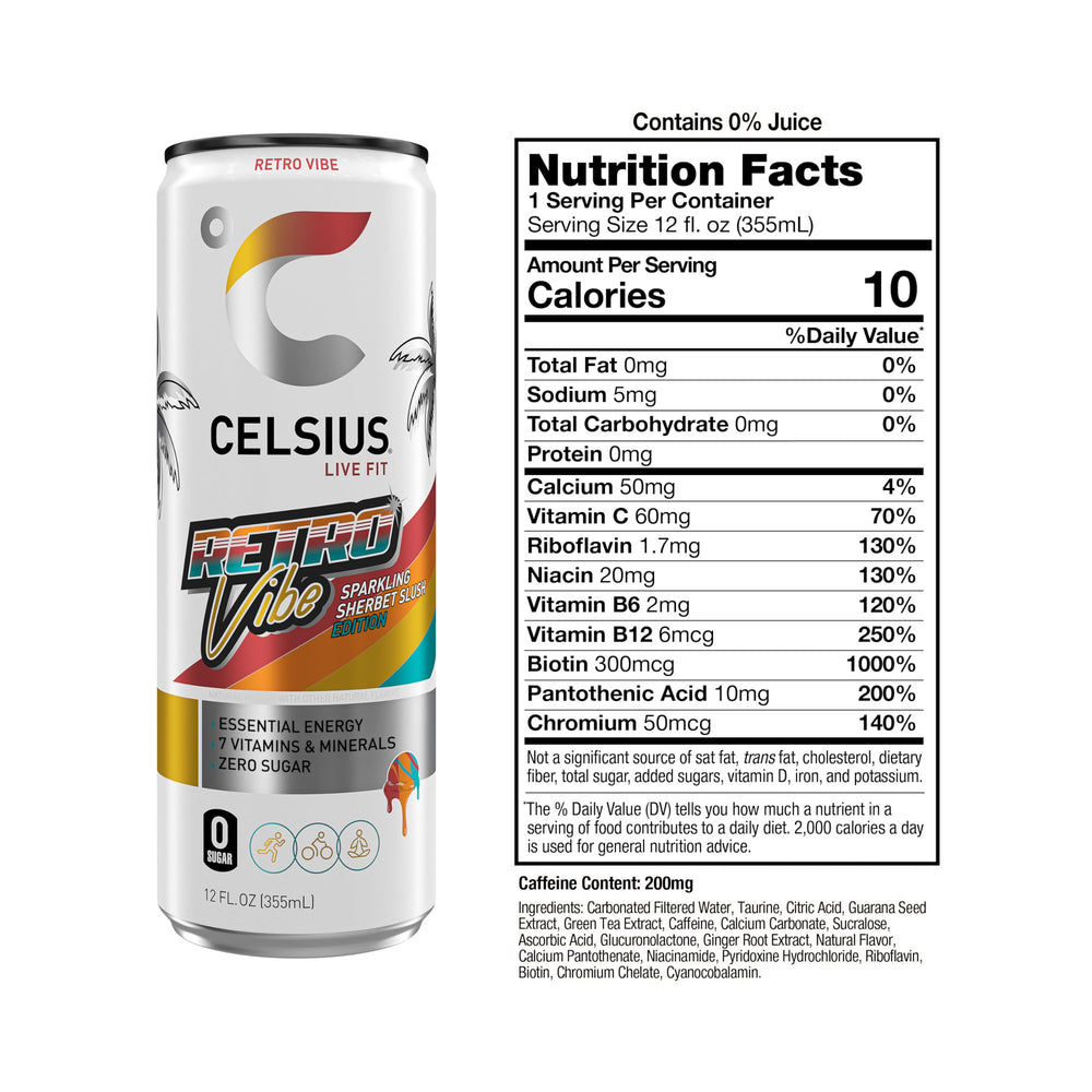 CELSIUS Retro Vibe bottle being poured for a clean energy lift