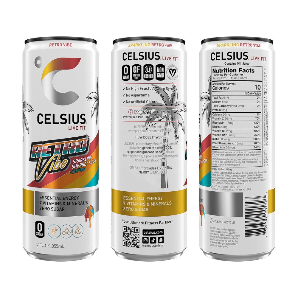CELSIUS Retro Vibe raspberry-orange-lime flavor can highlight vibrant taste