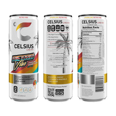 CELSIUS Retro Vibe raspberry-orange-lime flavor can highlight vibrant taste