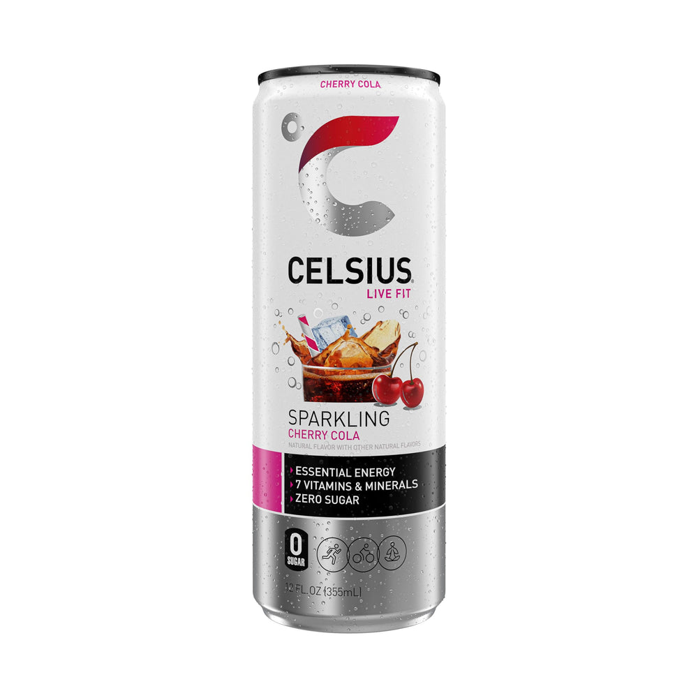 Nutrition panel on CELSIUS Sparkling Cherry Cola shows caffeine and vitamins.