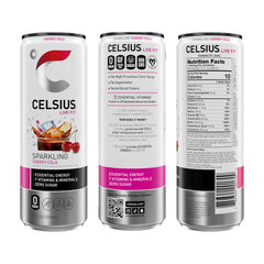 Close-up of CELSIUS Sparkling Cherry Cola label highlighting premium ingredients.