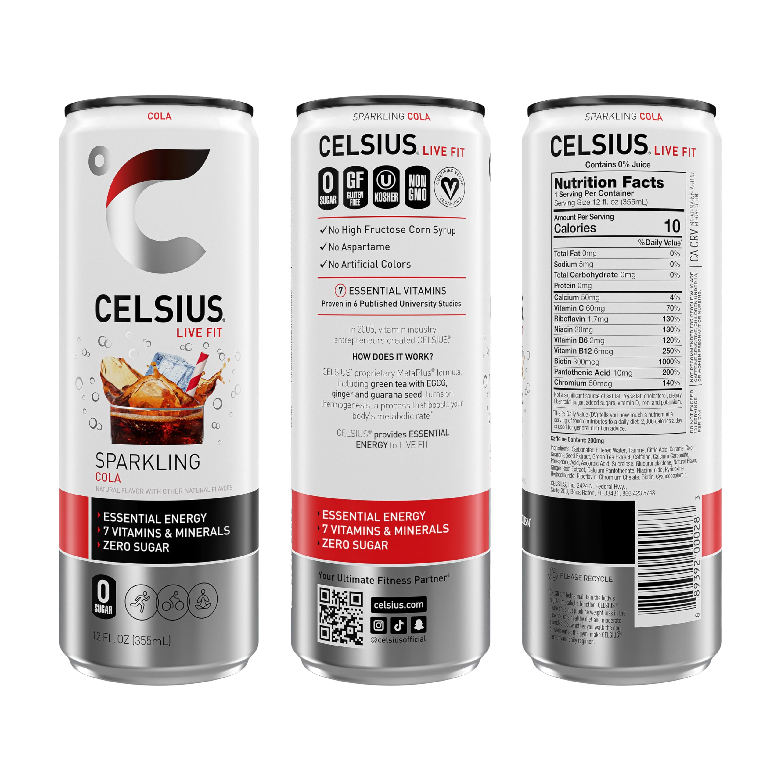 CELSIUS Sparkling Cola can side profile emphasizing premium ingredients and essential vitamins.