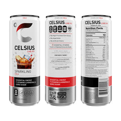 CELSIUS Sparkling Cola can side profile emphasizing premium ingredients and essential vitamins.