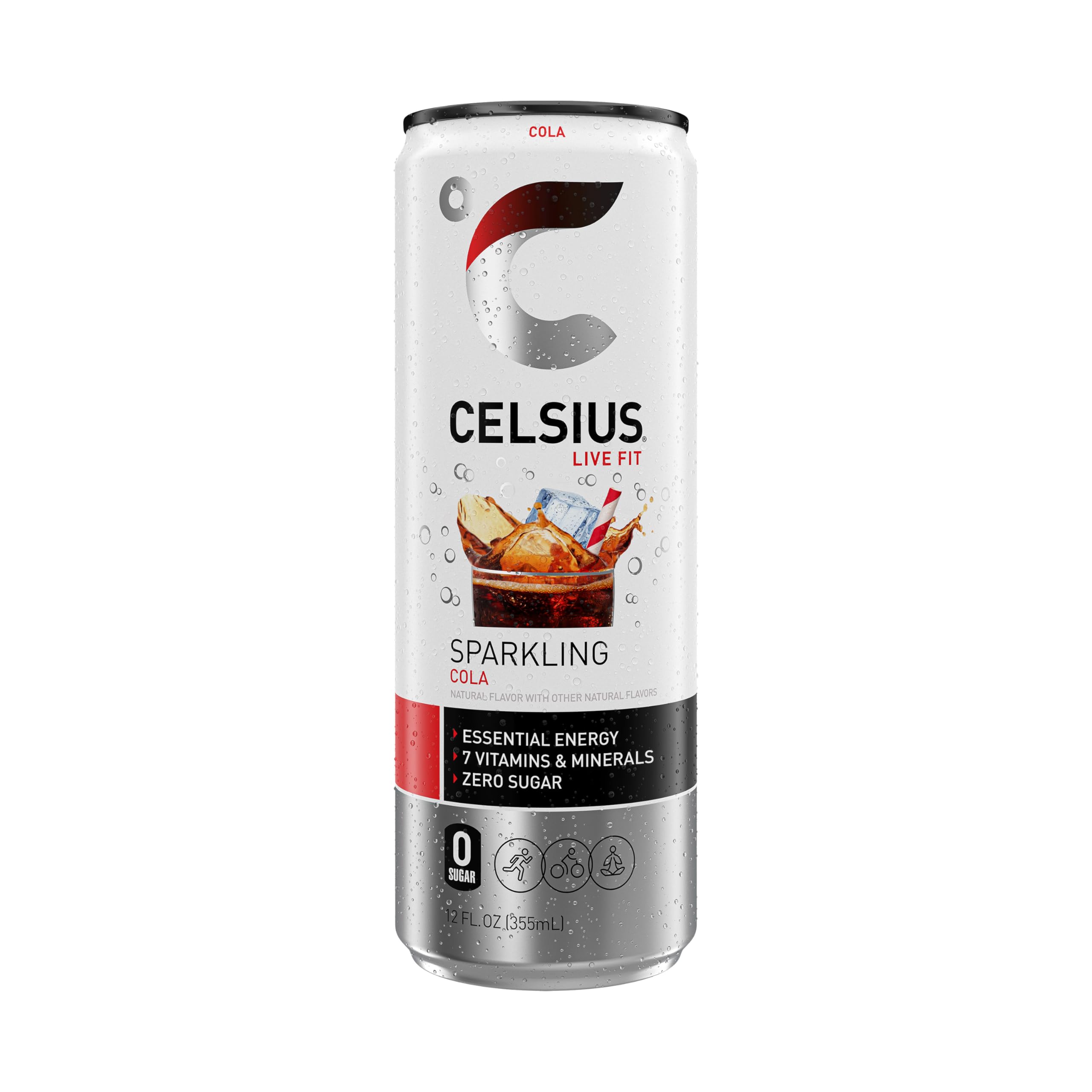 CELSIUS Sparkling Cola cold can ready for active moments and refreshment.