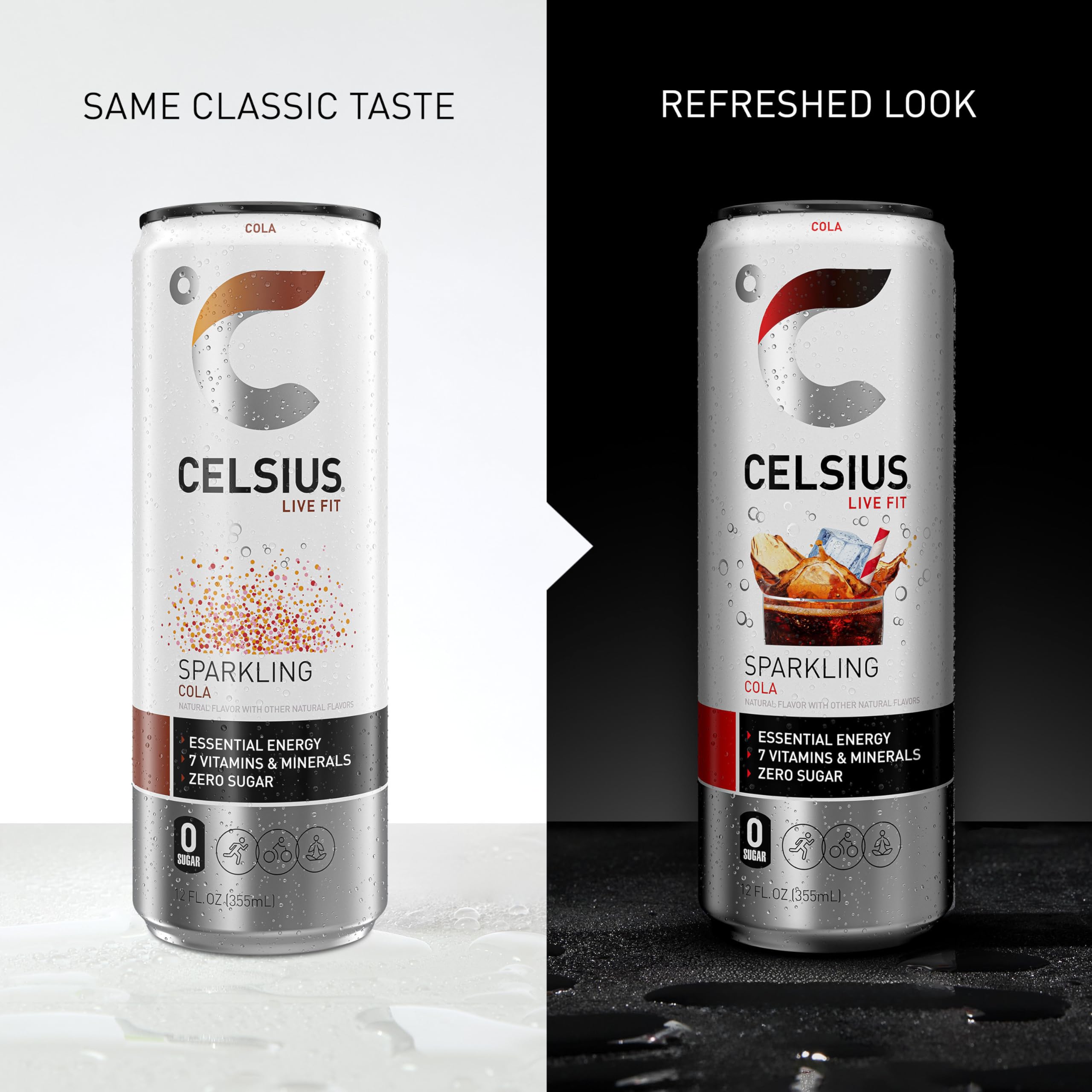 CELSIUS Sparkling Cola ingredients panel close-up highlighting green tea and vitamins.