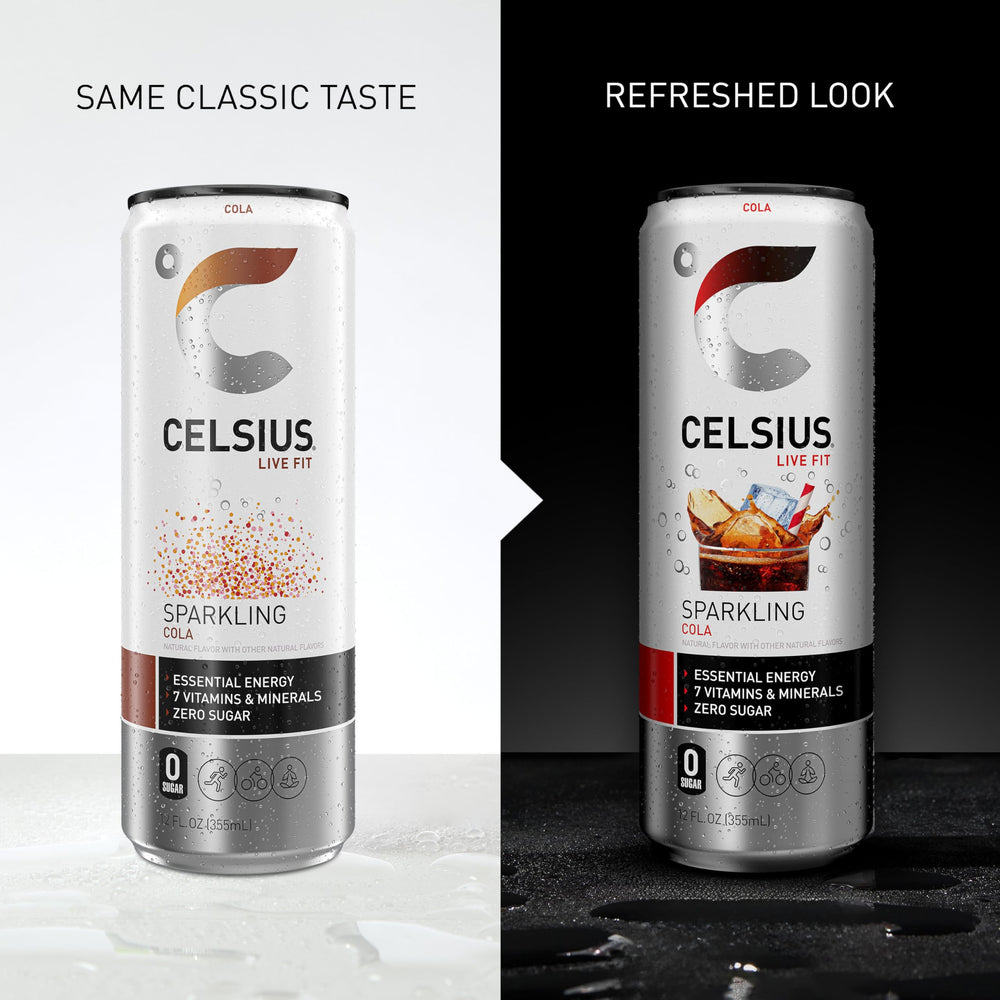 CELSIUS Sparkling Cola ingredients panel close-up highlighting green tea and vitamins.