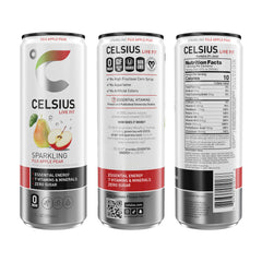 Close-up of Celsius Sparkling Fuji Apple Pear bottle highlighting refreshing energy.