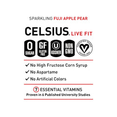 Poured Celsius Sparkling Fuji Apple Pear into glass with bubbly pre-workout energy.