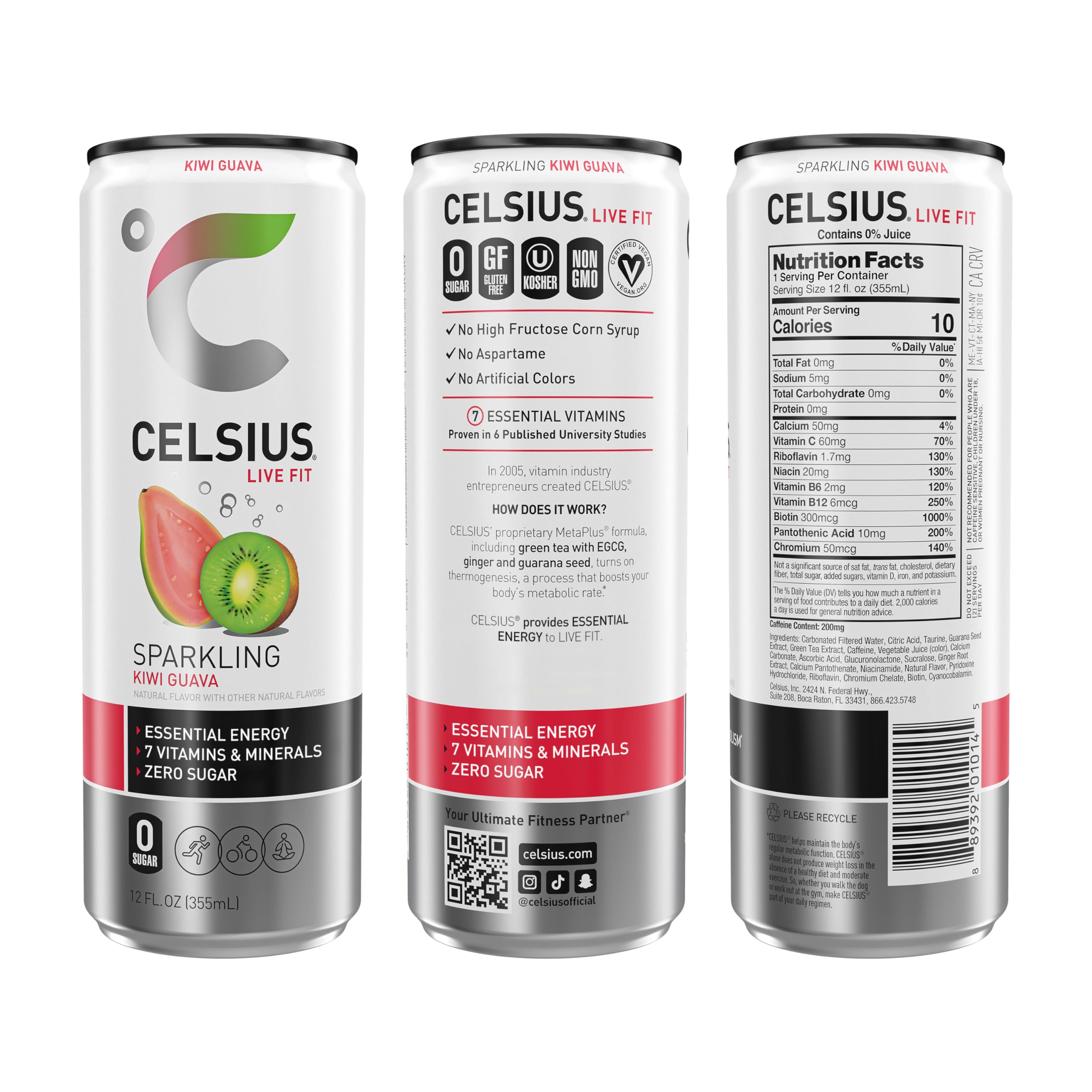 Celsius Sparkling Kiwi Guava label emphasizes natural ingredients and tropical flavor.
