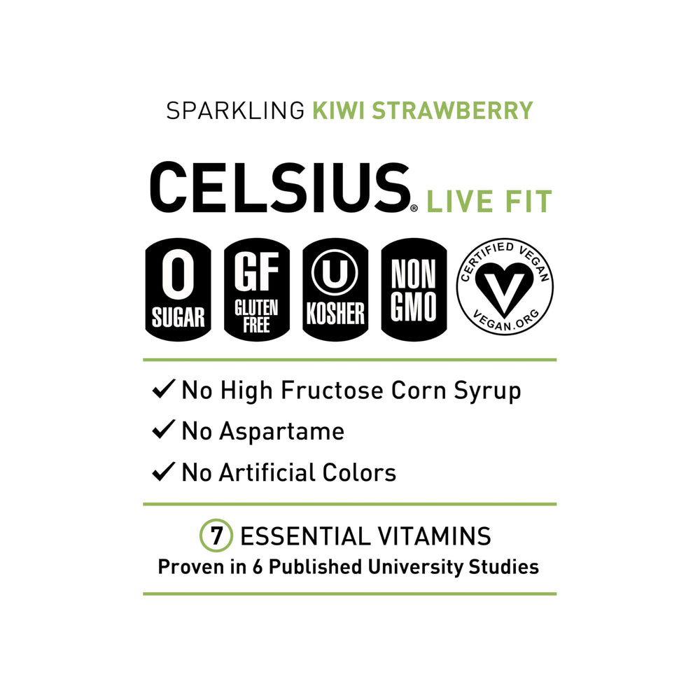 Celsius Sparkling Kiwi Strawberry 12-pack on shelf communicates convenient energy for busy days