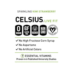 Celsius Sparkling Kiwi Strawberry 12-pack on shelf communicates convenient energy for busy days