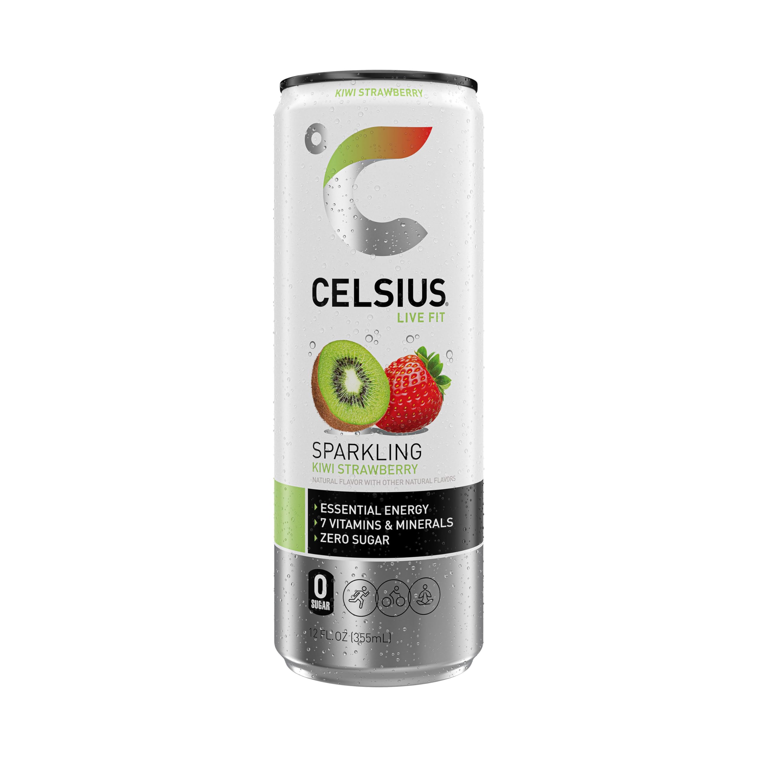 Celsius Sparkling Kiwi Strawberry athlete workout scene suggests vegan gluten-free hydration during training