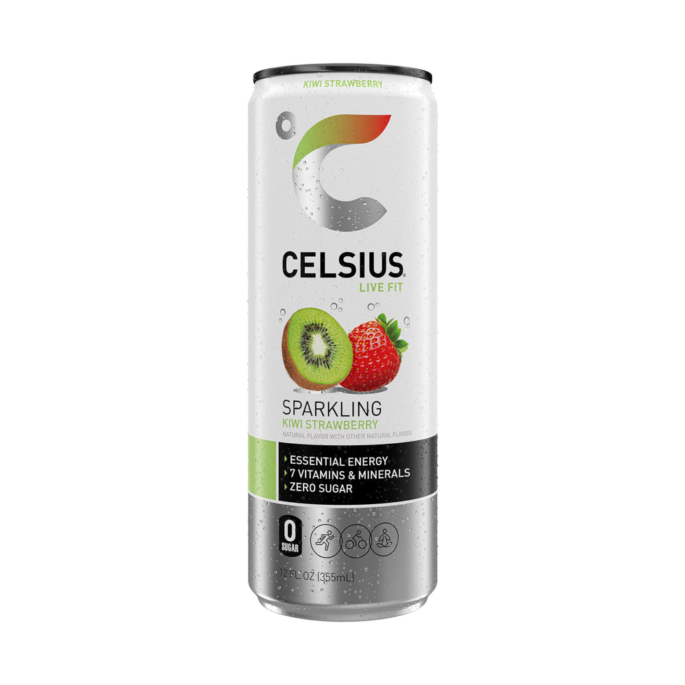 Celsius Sparkling Kiwi Strawberry athlete workout scene suggests vegan gluten-free hydration during training