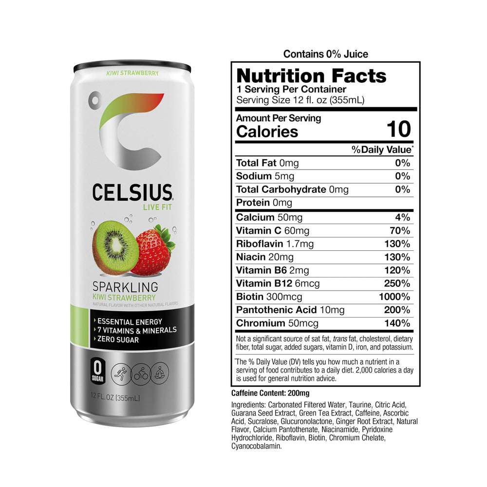 Celsius Sparkling Kiwi Strawberry glass pour highlights crisp flavor and caffeine boost for daytime energy