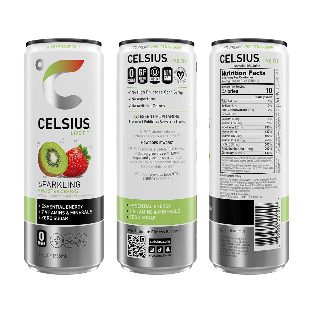 Celsius Sparkling Kiwi Strawberry nutrition label highlights 200 mg caffeine and seven vitamins