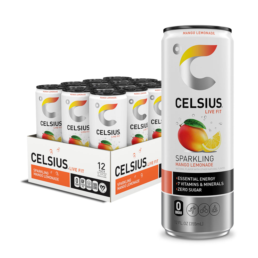 CELSIUS Sparkling Mango Lemonade can, front view, offering a refreshing energy lift.