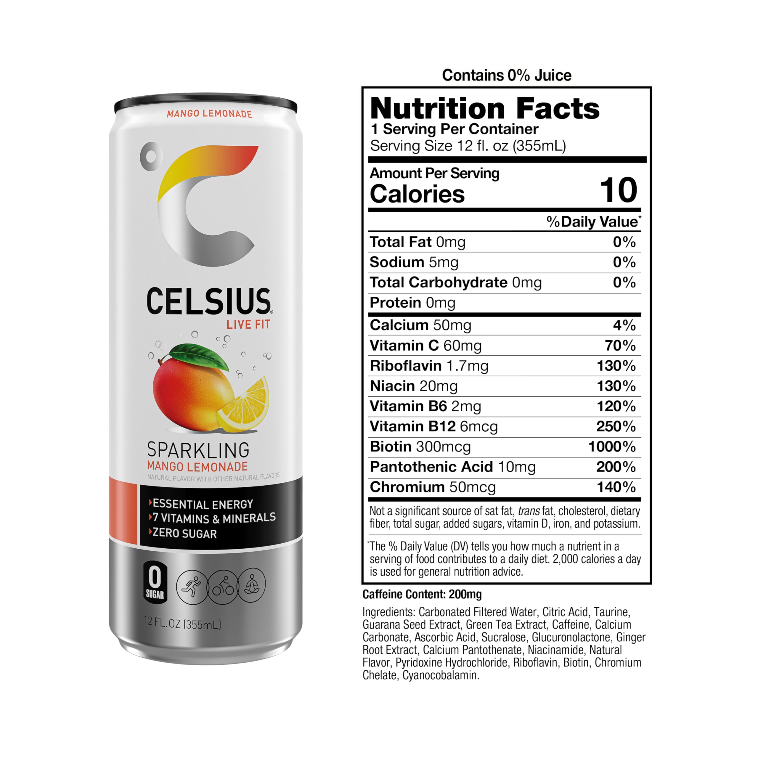 CELSIUS Sparkling Mango Lemonade can, side view, zero sugar and premium ingredients.