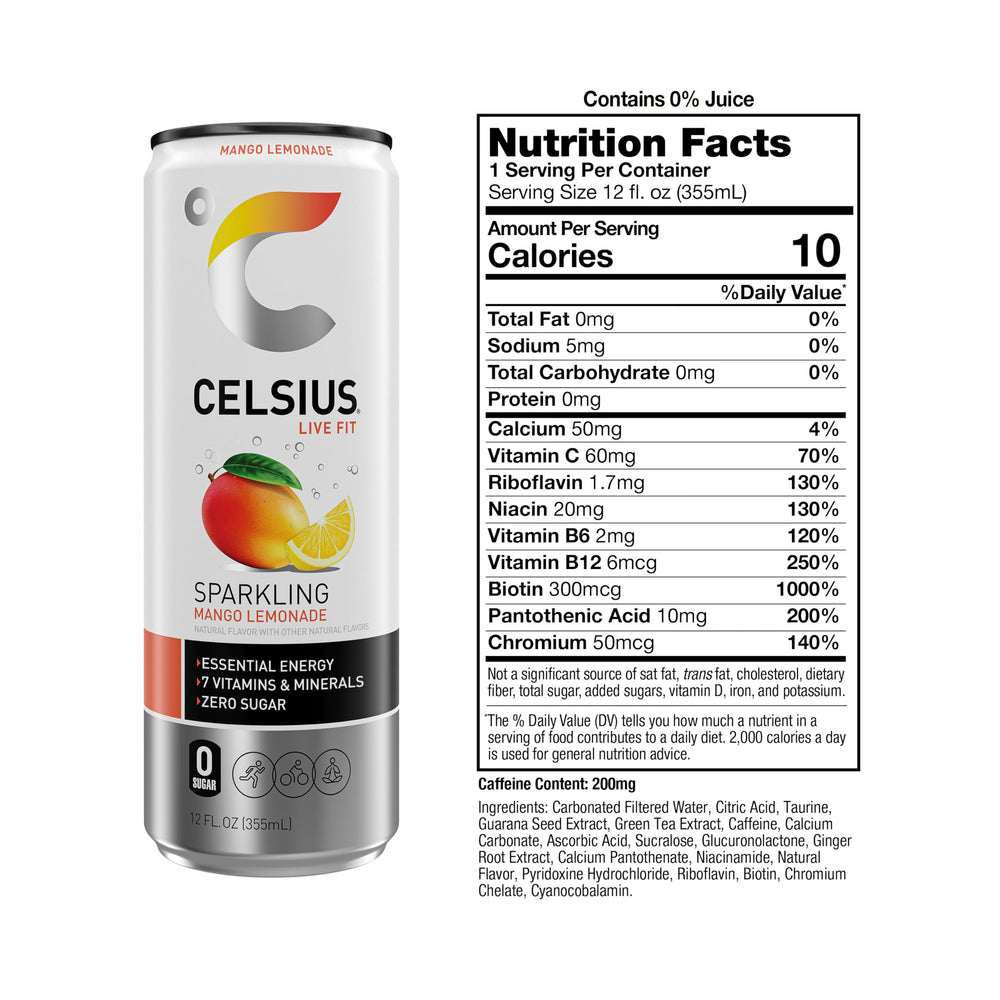CELSIUS Sparkling Mango Lemonade can, side view, zero sugar and premium ingredients.