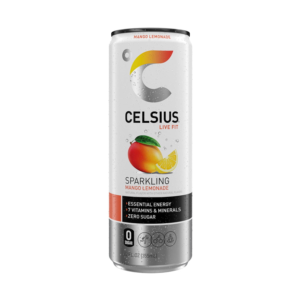CELSIUS Sparkling Mango Lemonade cans on ice, ready for workouts or study sessions.