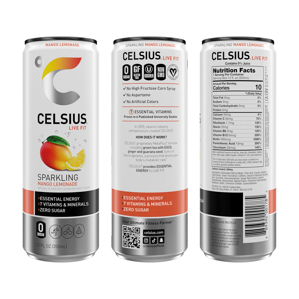 CELSIUS Sparkling Mango Lemonade being poured into a glass, showcasing bright flavor and fizz.