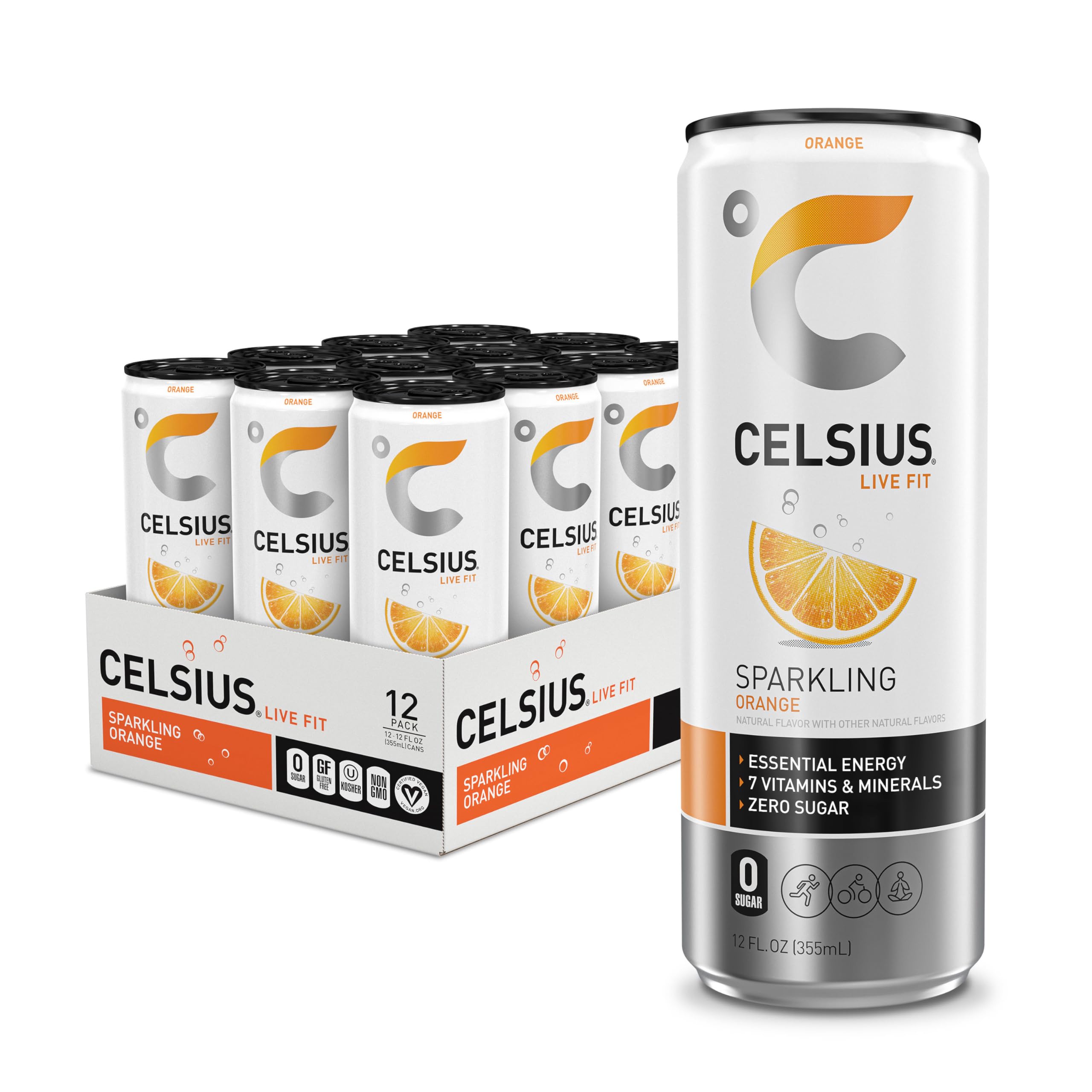 CELSIUS Sparkling Orange can front view offers a sugar-free energy boost.