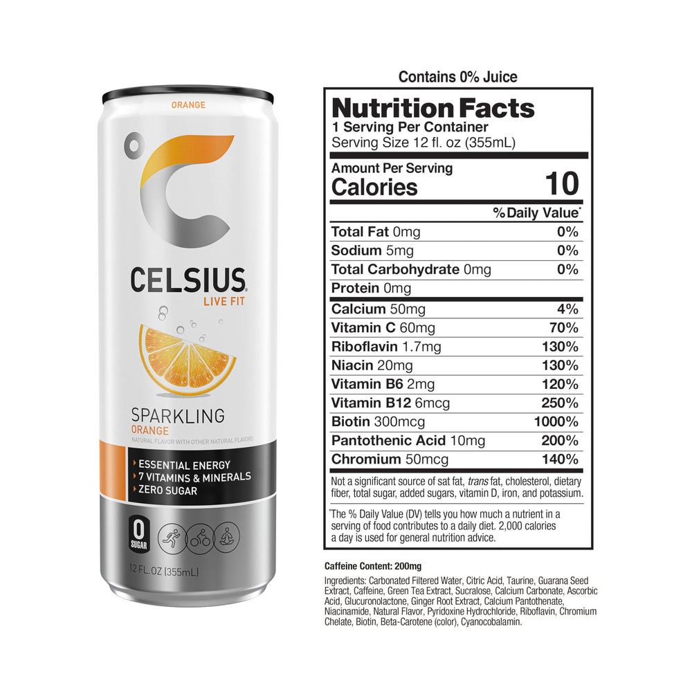 CELSIUS Sparkling Orange can with label highlights zero sugar and vitamin-rich formula.