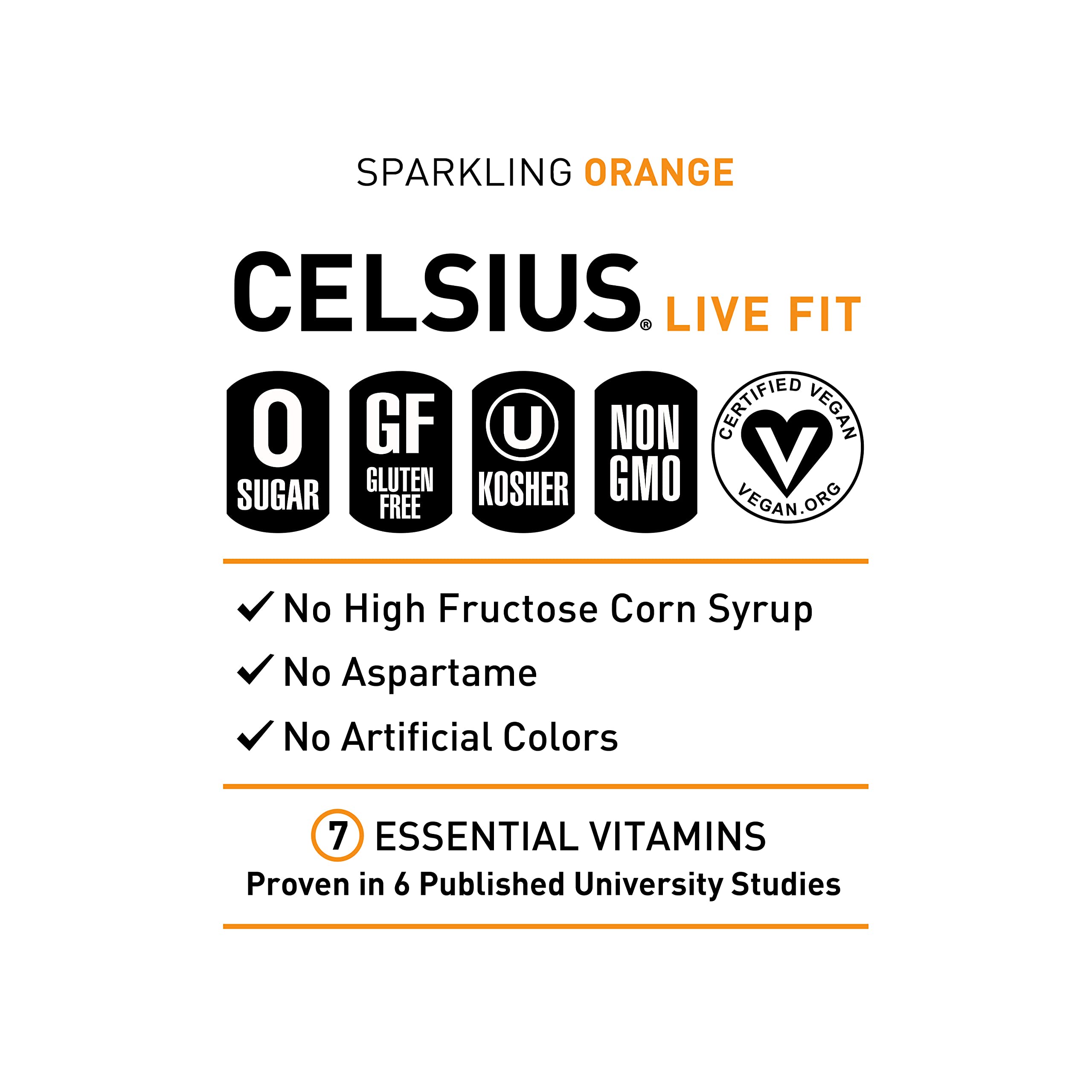 CELSIUS Sparkling Orange glass with ice conveys refreshing, invigorating flavor.