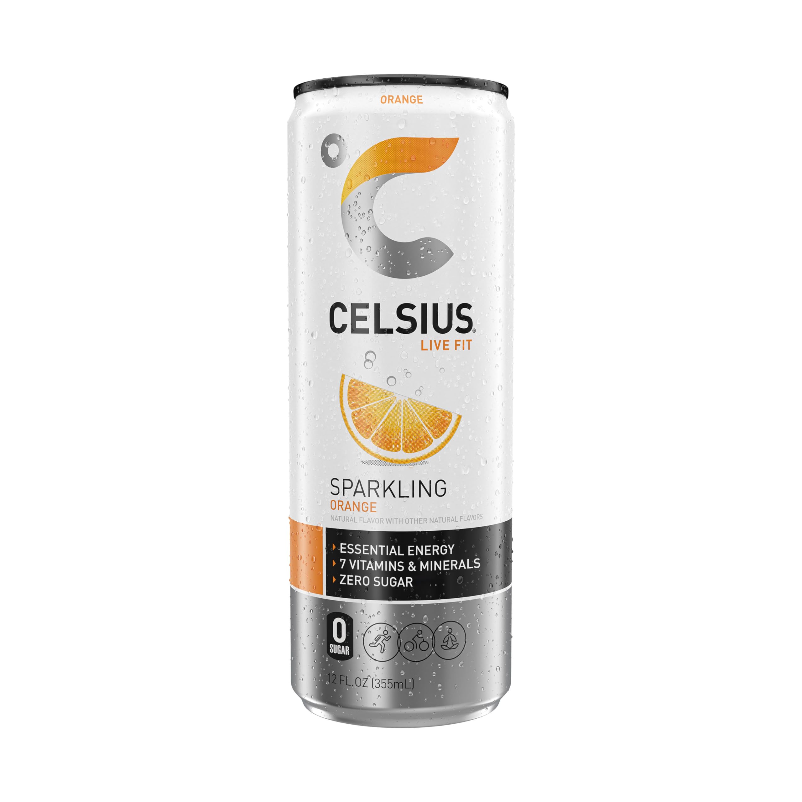 CELSIUS Sparkling Orange 12-pack on shelf emphasizes convenient energy for active days.