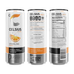CELSIUS Sparkling Orange pour closeup suggests refreshing citrus energy during workouts.