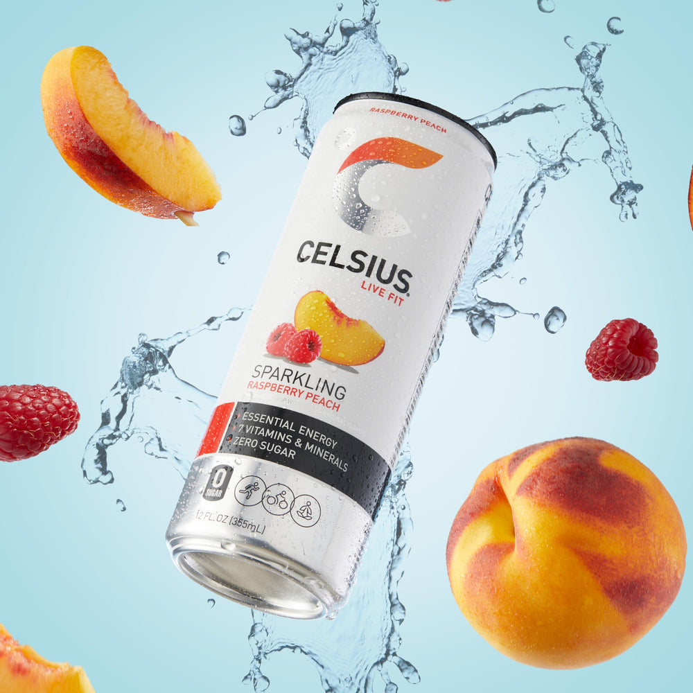 Celsius Sparkling Raspberry Peach bottle in gym bag supports active, ready-to-use energy.
