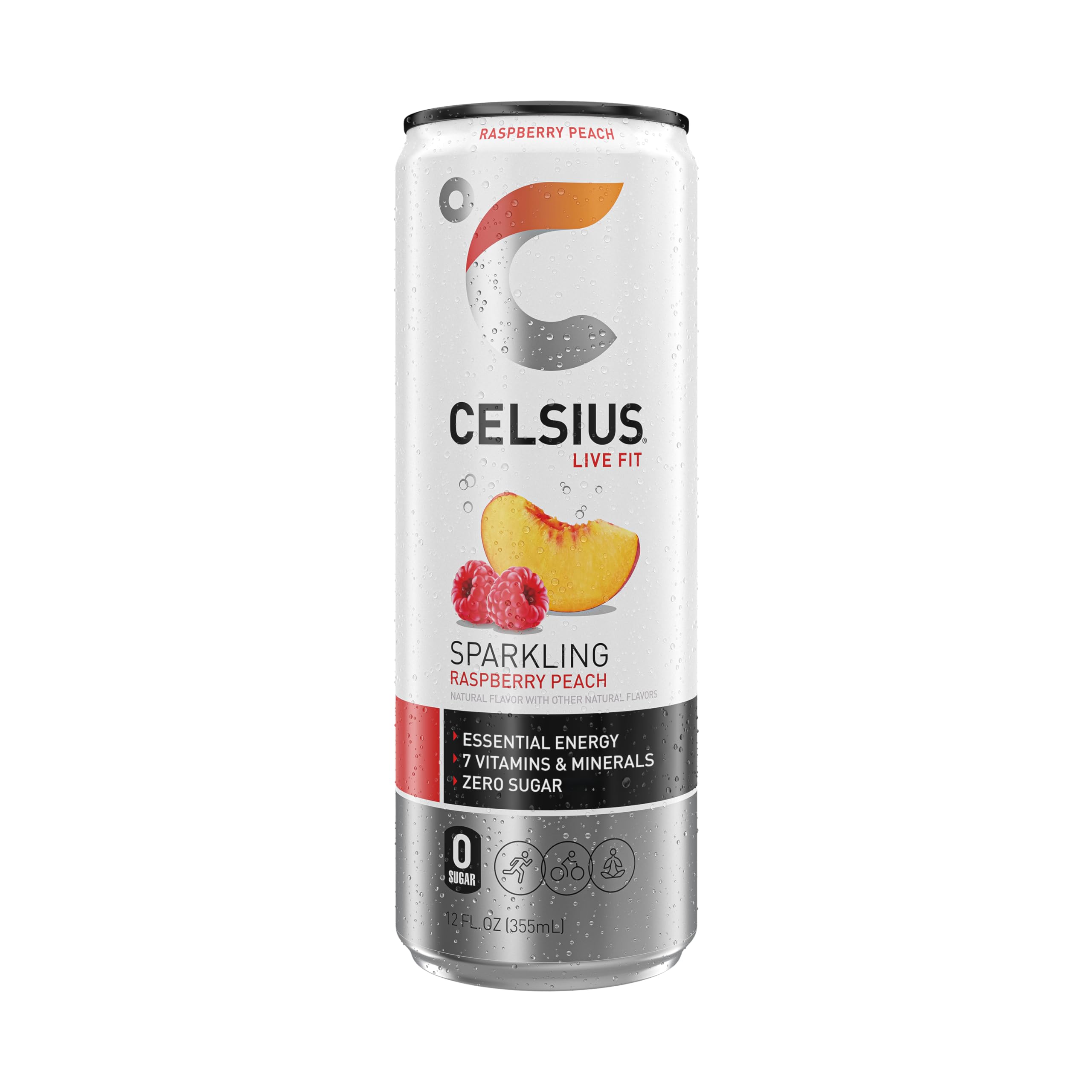 Celsius Sparkling Raspberry Peach glass with ice signals a cool, guilt-free refreshment.