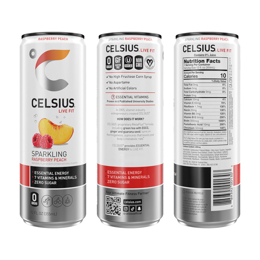 Celsius Sparkling Raspberry Peach pack offers a convenient 12-pack for on-the-go energy.