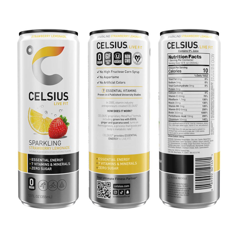 CELSIUS Sparkling Strawberry Lemonade glass angled for refreshing on-the-go energy