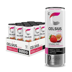 CELSIUS Sparkling Strawberry Passionfruit can shows a zero-sugar energy boost for active days.