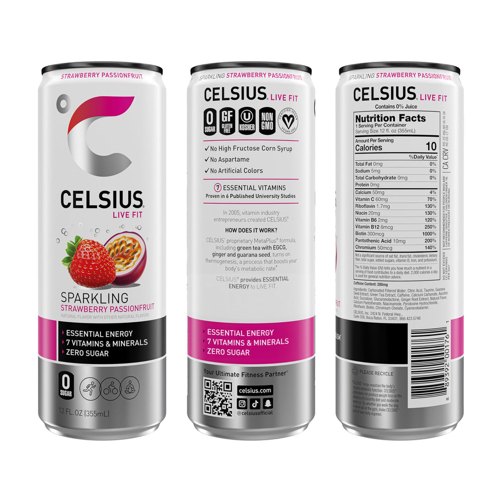 CELSIUS Sparkling Strawberry Passionfruit flavor close-up highlights strawberry sweetness and tang.