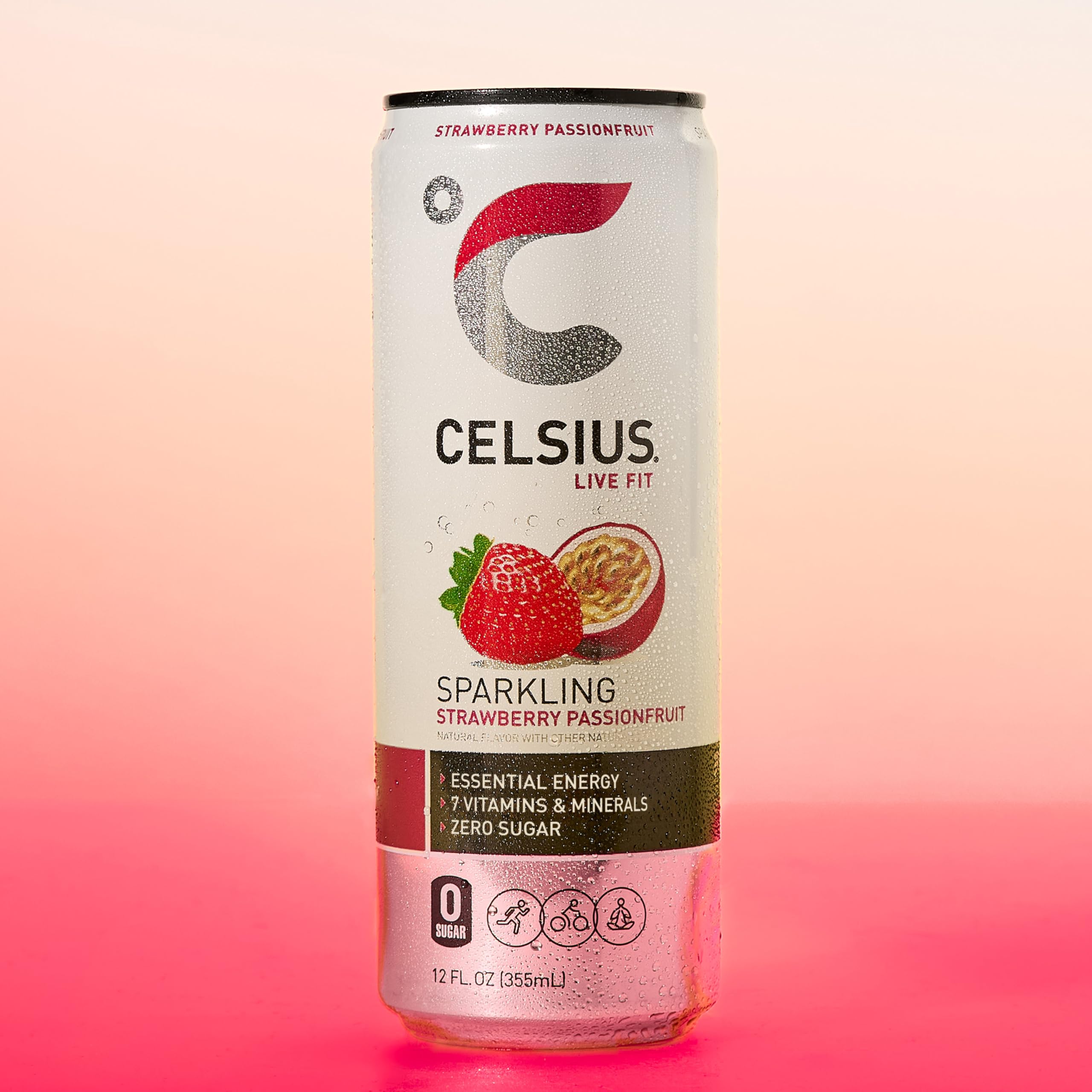 CELSIUS Sparkling Strawberry Passionfruit ingredients panel highlights EGCG and essential vitamins.