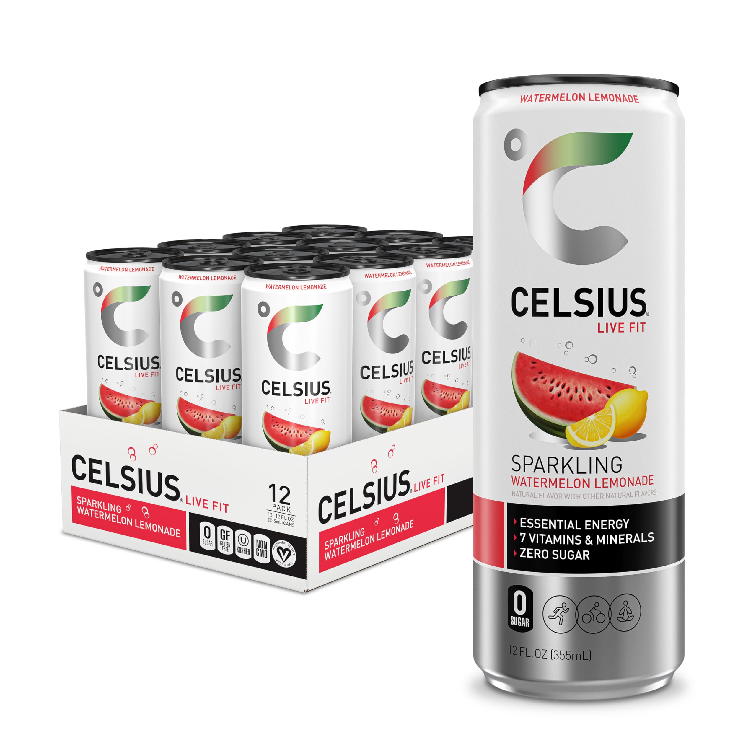 CELSIUS Sparkling Watermelon Lemonade cans in a 12-pack, ready for an energy lift.