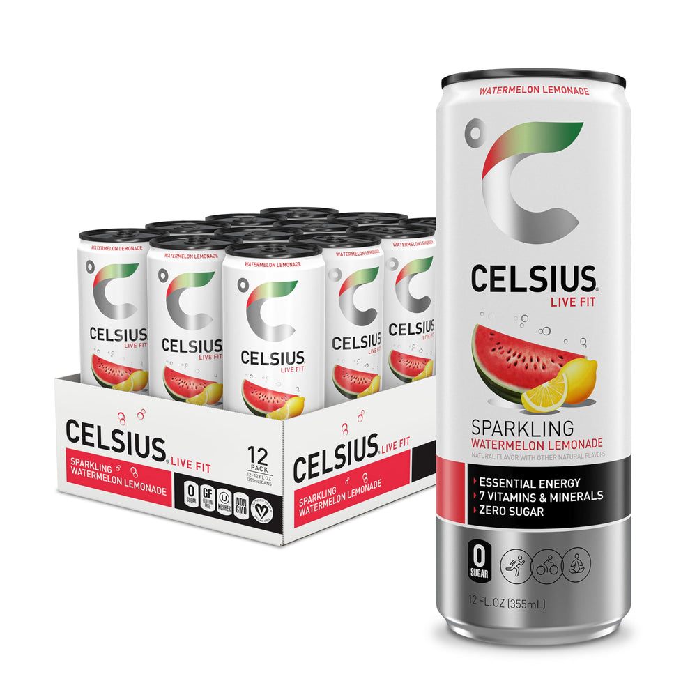 CELSIUS Sparkling Watermelon Lemonade cans in a 12-pack, ready for an energy lift.