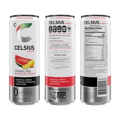 Close-up of the CELSIUS label highlighting zero sugar and essential vitamins.