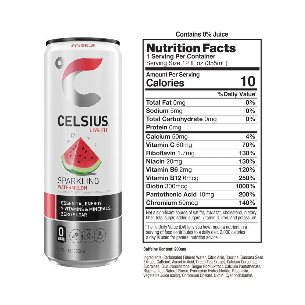 CELSIUS Sparkling Watermelon pack shot shows convenient 12-pack refreshment option.