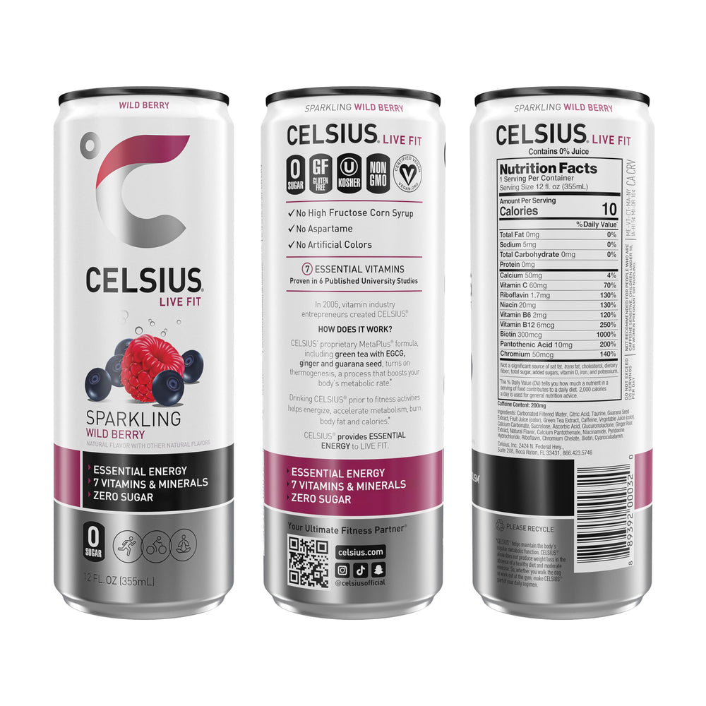 CELSIUS Sparkling Wild Berry bottle pouring into glass for refreshment