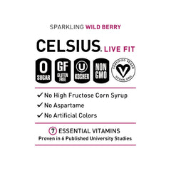 CELSIUS Sparkling Wild Berry label detail highlights vegan, non-GMO credentials