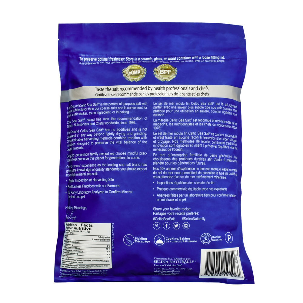 Celtic Sea Salt Fine Ground label packaging emphasizes sustainability and GMP quality.