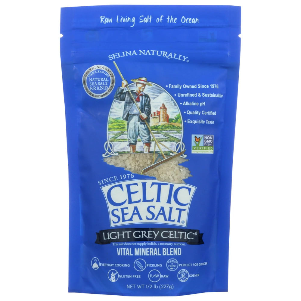 Celtic Sea Salt light grey pouch front view, ideal for everyday seasoning at the table.