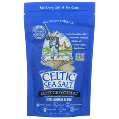 Celtic Sea Salt light grey pouch front view, ideal for everyday seasoning at the table.
