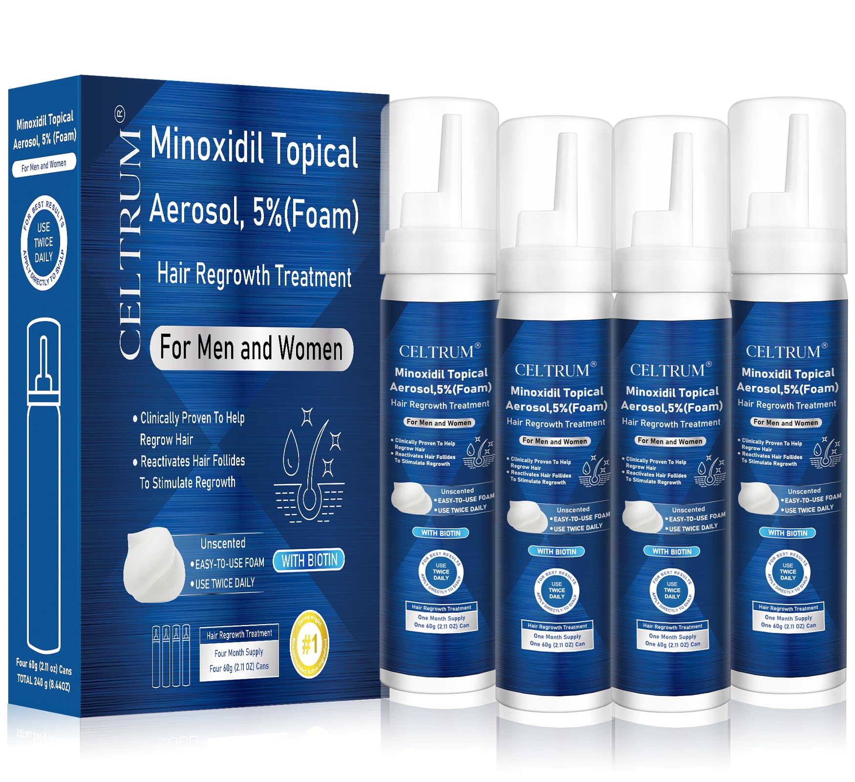 Celtrum 5% Minoxidil foam bottle for easy scalp application and potential growth support.