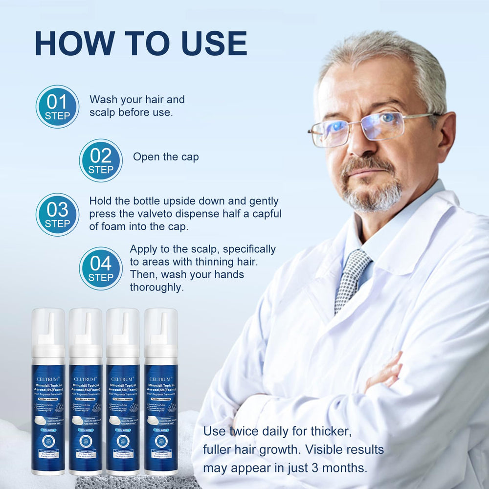 Celtrum Minoxidil Foam packaging shows a four-month supply for ongoing use.